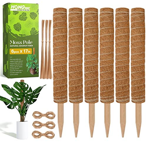 HongWay 67 Inch 6 Packs Moss Pole for Plant Monstera, 4 Packs 17 Inch and 2 Packs 12 Inch Plants Support for Indoor Climbing Plants Poles with Rope and Twist Ties